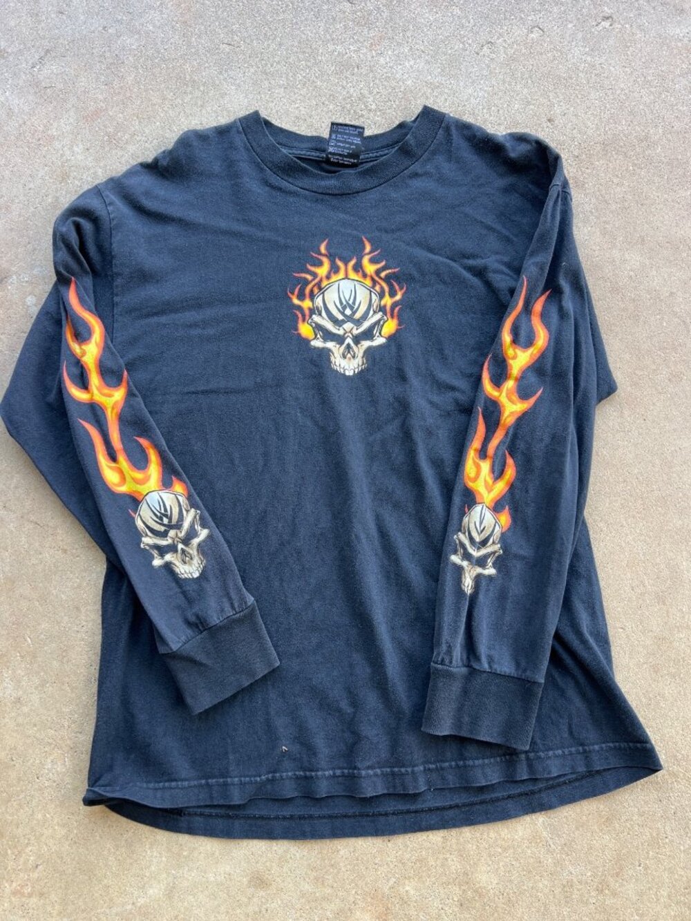 Top Heavy Black Long Sleeve Skull & Flames Graphic Tee Mens L L3